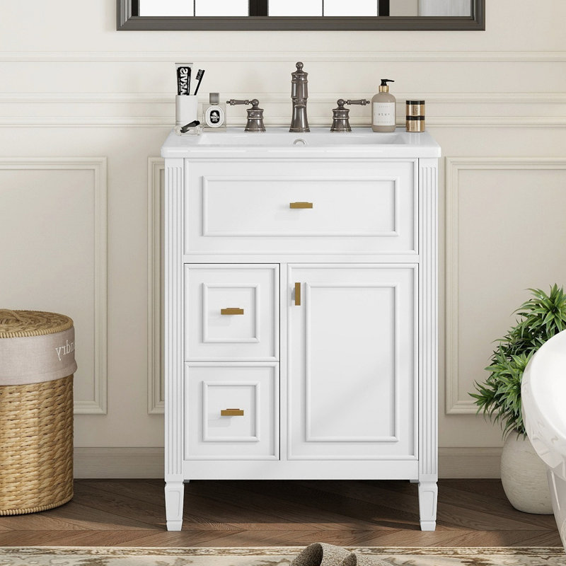 Defelice Bathroom Vanity With Sink, Bathroom Vanity Cabinet With One Flip Drawer And Two Drawers, Adjustable Shelf, White