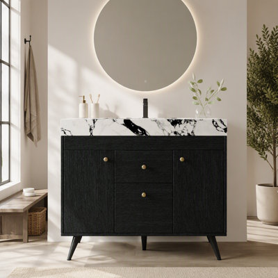 Meuble-lavabo moderne autoportant de 91 cm (36 po) avec comptoir en pierre frittée, lavabo en céramique et rangement astucieux