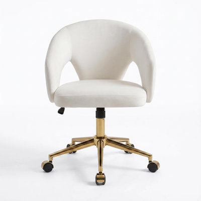 Chaise de bureau ergonomique TY en velours blanc, chaise de bureau pivotante réglable avec base en métal argenté pour bureau à domicile et chambre à coucher