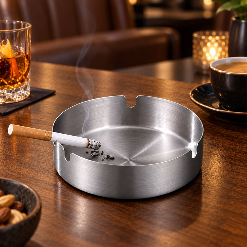 2 Piece Stainless Steel Ashtray Set with Three Cigarette Rests, Silver