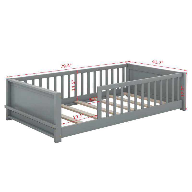 Newton Twin Size Floor Platform Bed With Built-In Book Storage Rack, Gray