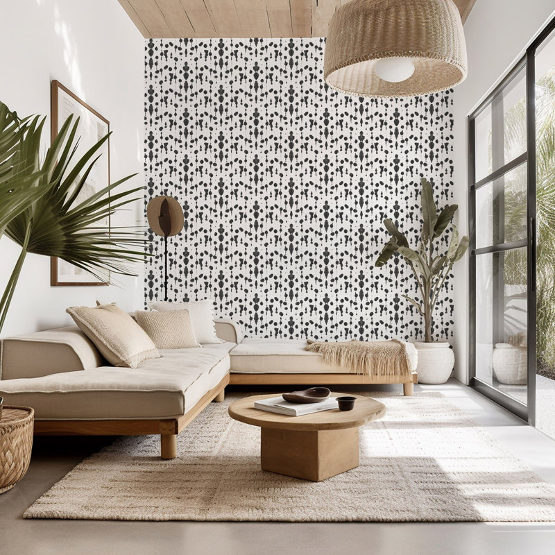 Boho Rain 10' L x 24" W Wallpaper Roll, Black, Non-pasted, Faux Grasscloth