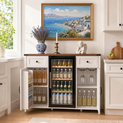 Grand meuble-bar à café avec compartiment réfrigérateur, meuble mini-réfrigérateur avec rangement pour bouteilles de vin et étagères réglables, support pour mini-réfrigérateur, meuble buffet/table avec réfrigérateur et étagère à vin.
