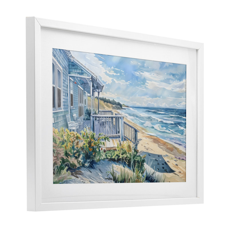 Reproduction sous verre encadrée Beach Villa Overmir, design par LSR Design Studio, H 14 po x l 20 po, Cadre blanc côtier