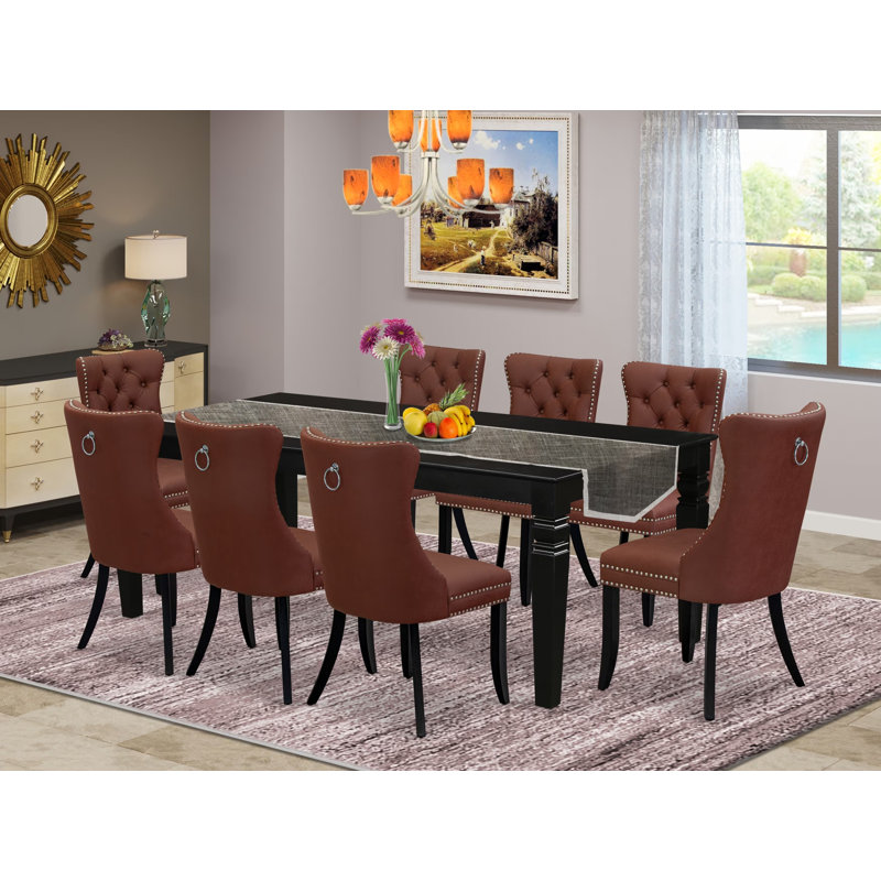 A37C8120D1644849B736C50896E6C554 Ensemble de cuisine 9 pièces composé d'une table de salle à manger rectangulaire avec rallonge amovible et 8 chaises rembourrées, noir