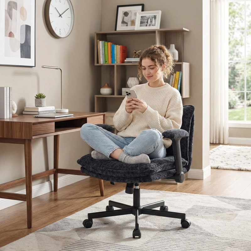 Modern Criss Cross Teddy Velvet Home Office Chair with Wheels,350LBS Crosslegged Desk Chair with Lumbar Support&Adjustable Armrests
