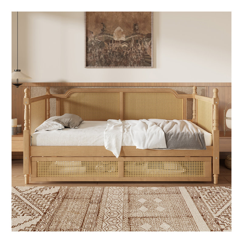 Lit de jour en rotin de style traditionnel avec 2 tiroirs pour un espace limité, chambre d'amis, aucun sommier nécessaire, noyer antique