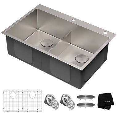 AKDY 33 L x 22 W Drop-In Kitchen Sink with Adjustable Tray and