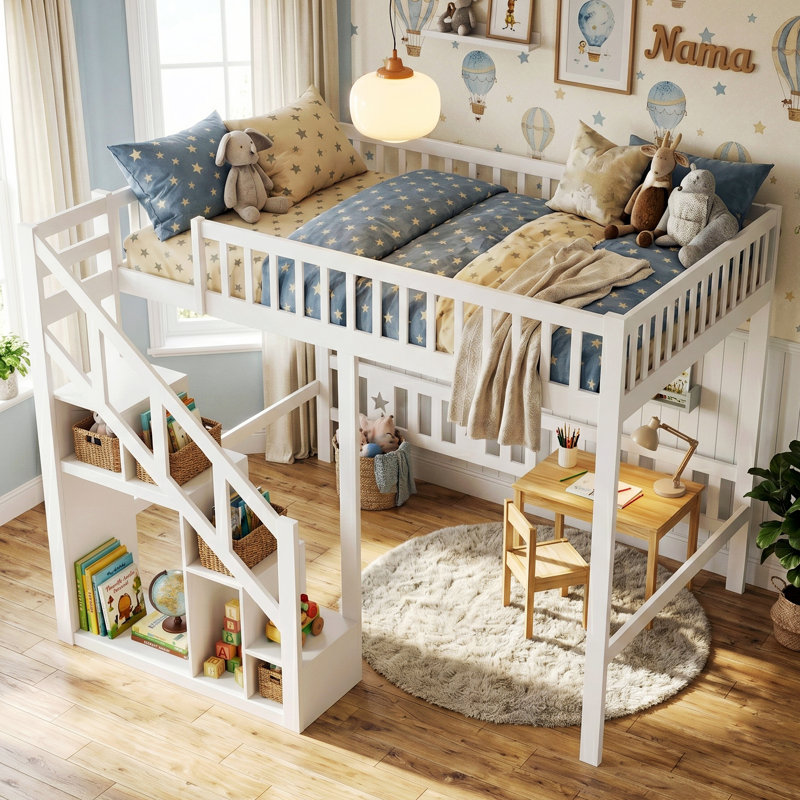 EU Single & Double Solid Wood Loft Bed with Storage Stairs & Wardrobe Rail, 161cm H Space-Saving Cabin High Sleeper Bed Frame with High Guardrail, White
