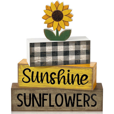 4 pièces de décorations de table en bois de tournesol, panneaux de pile de livres en faux soleil, décor de plateau à plusieurs niveaux d'été pour table basse, manteau de cheminée, cuisine, tablette, centres de maison