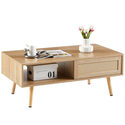 Natural Coffee Table, 41.8", Solid Wood Legs, Sliding Door Practicality Feature Modern Living Room Furniture 41.8" , Finish