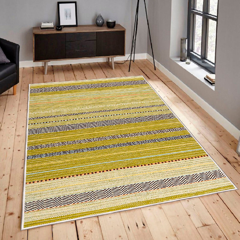 Wencil Luxurious Machine Washable Carpet, 100% Cotton, 39.4 x 118.1 inches | 1200 Grams/Sq Meter, 0.4 in Pile Height, Antibacterial, Non-Slip PVC Underside | Elegant White, Yellow, Green & Black Design for Home Décor