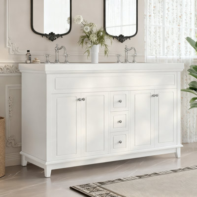 Meuble-lavabo blanc moderne de 60 pouces pour salles de bain de taille moyenne à grande