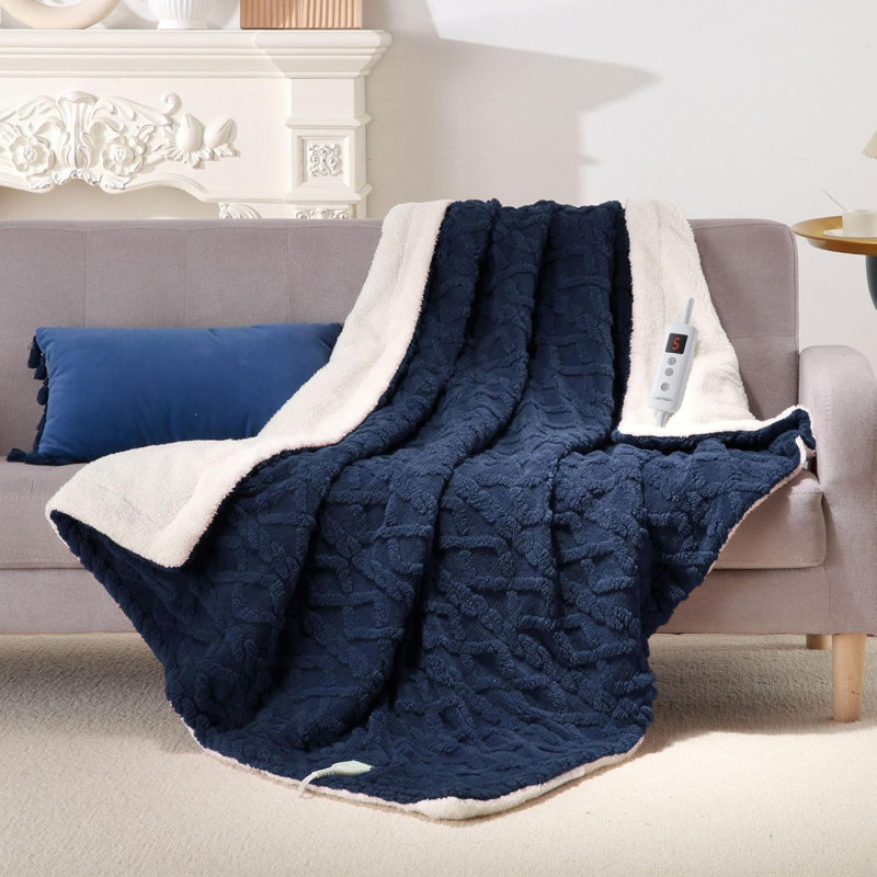 Couverture électrique à double commande - Couverture chauffante en sherpa touffeté épais, Bleu, Jeté