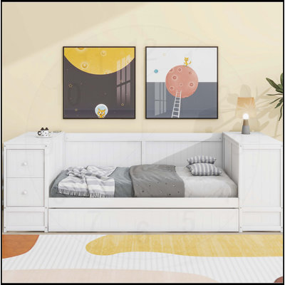 Lit de jour simple en rotin de style traditionnel avec lit gigogne, rangement et station de charge, idéal pour les chambres d'amis et les espaces restreints