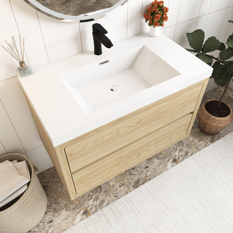 Meuble-lavabo mural 36 po avec lavabo, Bois de chêne naturel