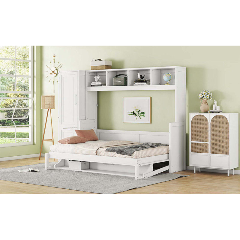 Lit escamotable multifonctionnel avec placard intégré et tiroirs pour des espaces modernes et peu encombrants, Blanc
