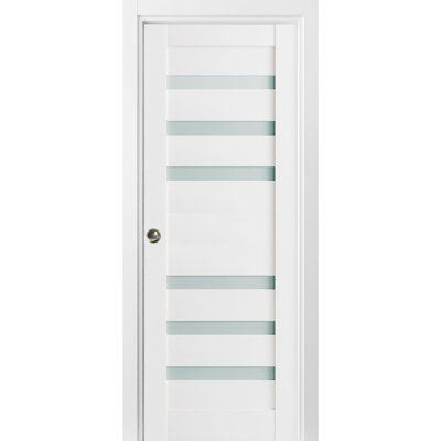 Porte coulissante à galandage avec vitrage dépoli Quadro 4266 Blanc Soie, ensemble de garnitures, rail et quincaillerie en bois massif pour chambre à coucher, portes robustes - 42 po x 84 po