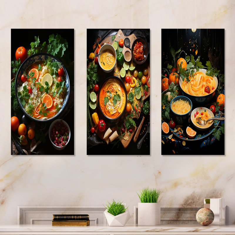 Végétal, pot de fleurs - soupe sur toile, ensemble de 3, H 28 po x l 36 po, Toile tendue