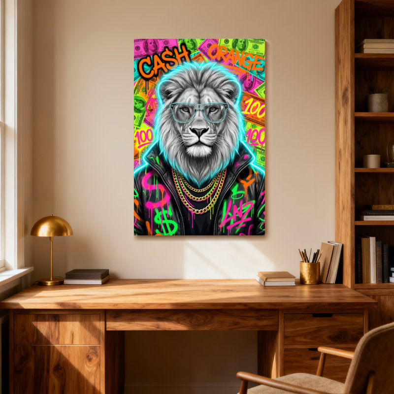 Animaux, lion coloré avec des lunettes et un fond d'argent, H 24 po x l 16 po