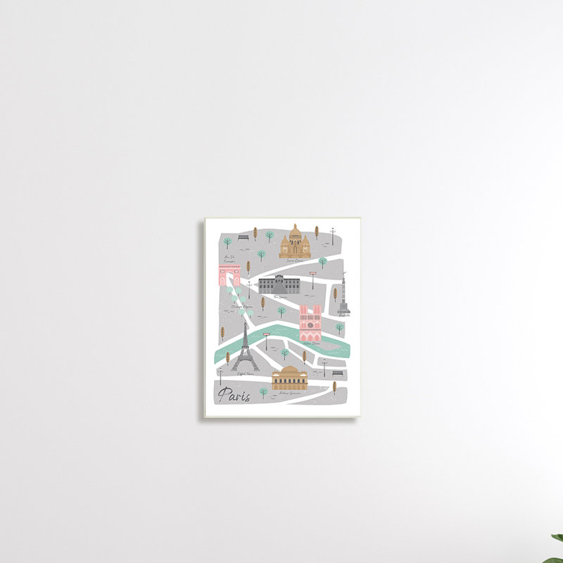 Carte de Paris, illustration de la ville française, gris-rose - impression, H 19 po x l 13 po x P 0,5 po, Sans cadre