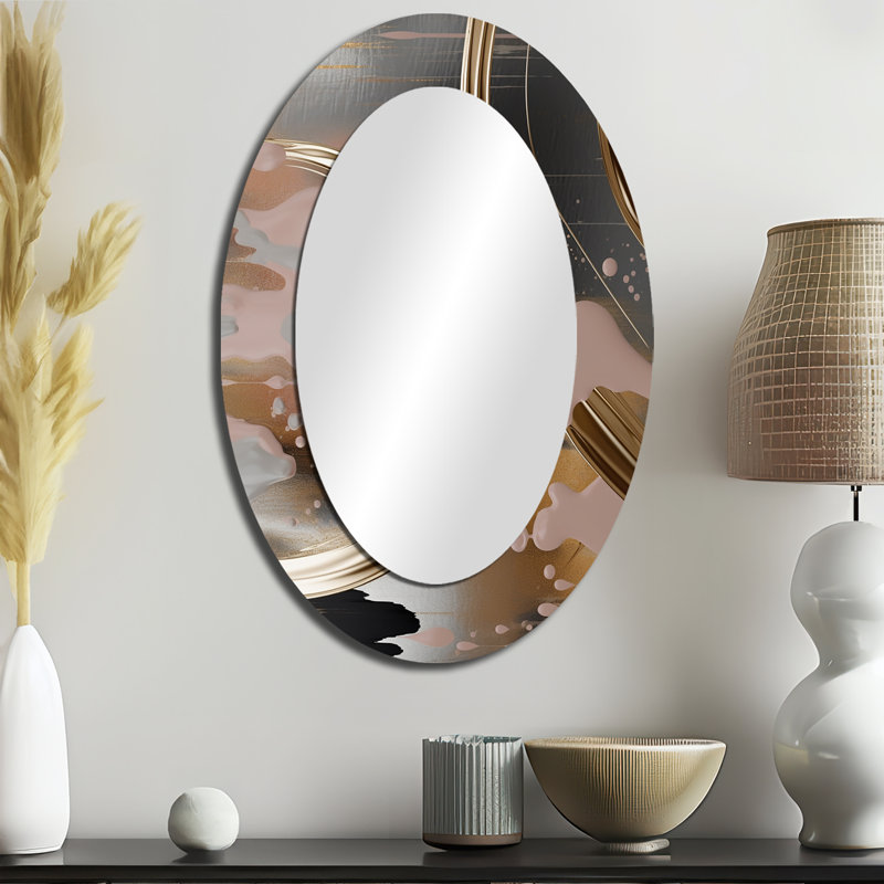 Abstrait abstrait doré et rose Infinity Circles III - Miroir mural moderne ovale, 36 po x 24 po