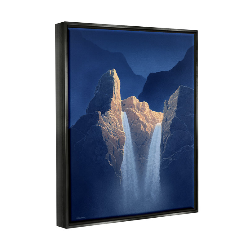«Two Waterfalls Nighttime Peaks» par Richard Courtney - impression, H 31 po x l 25 po x P 1,7 po, Cadre flottant noir de jais