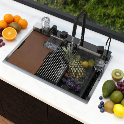 Évier de cuisine à cascade 33 po x 22 po, affichage numérique intelligent avec boutons-clés de luxe, cuve simple en acier inoxydable 304 de calibre 16 avec robinet et accessoires, évier de poste de travail multifonctionnel, conception carrée noire 33 po x 22 po x 10 po