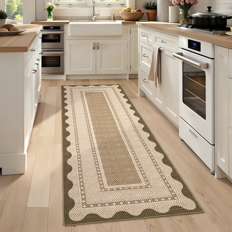 Modern Neutral Non Slip Washable Rugs, Contemporary Border Print Pattern Foldable Soft Carpet, Low Pile Floor Mat