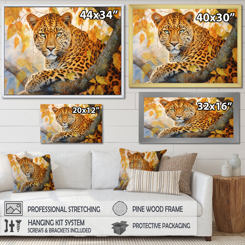 Leopard Grace I - Art mural toile Leopard, Cadre flottant doré, H 16 po x l 32 po x P 1 po