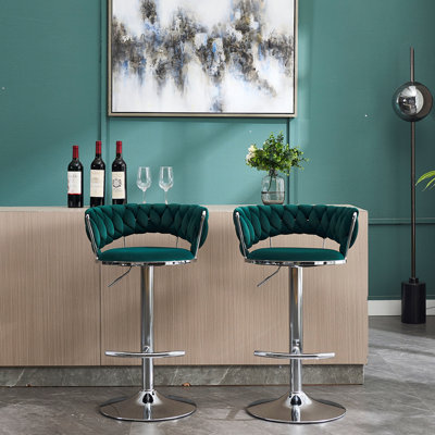 Set Of 2 Bar Stools,With Chrome Footrest And Base Swivel Height Adjustable Mechanical Lifting Velvet + Chrome Leg Simple Bar Stool by Mercer41
