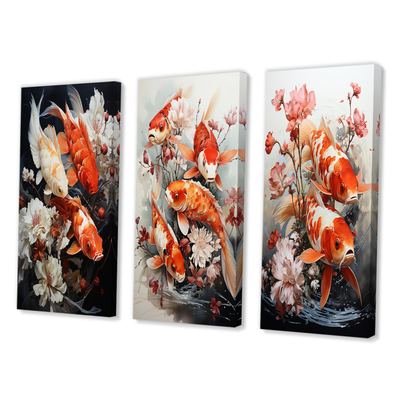 3 Piece Print Set - Fishing Contemporary Koi Fish, 20" H x 36" W, Wrapped Canvas