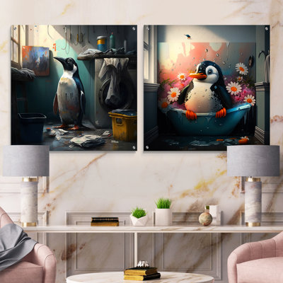 Cute Penguin Doing Laundry - Bathroom Acrylic Wall Art Glass Set Of 2