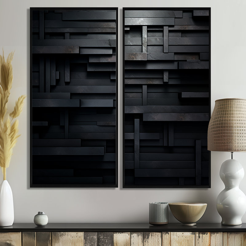 «Black Brick Cube Dimensions V», art mural abstrait géométrique, ensemble de 2 impressions sur toile, H 20 po x l 24 po, Noir