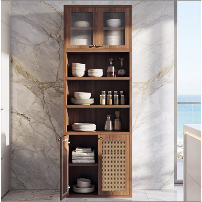 Armoire de rangement pour garde-manger haute de hauteur, armoire de cuisine moderne très profonde de 15,8 po de hauteur, armoire avec tablette ouverte et rangement fermé, organisateur anti-basculement autoportant pour la cuisine