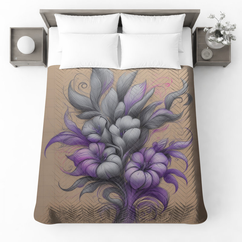 Couvre-lit floral violet gris, Lit simple