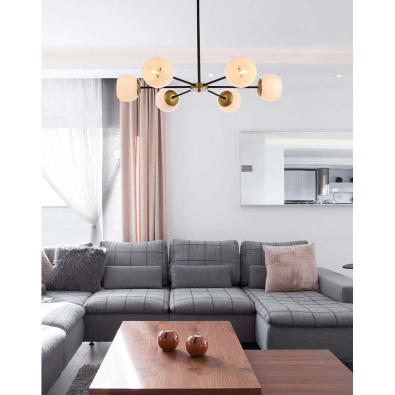 Lustre linéaire moderne Spoutnik à 6 lumières Caisha, Noir / laiton / blanc, H 6 po x l 36 po x P 36 po