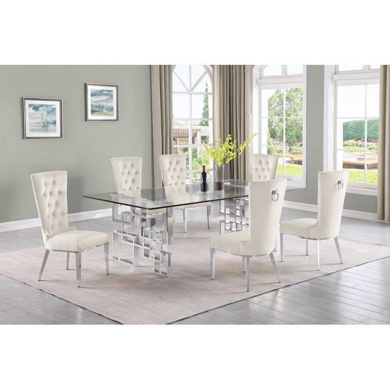 Ensemble de salle à manger rectangulaire en verre transparent avec chaises en velours L 95 po x l 46 po Borel, Argent, 7