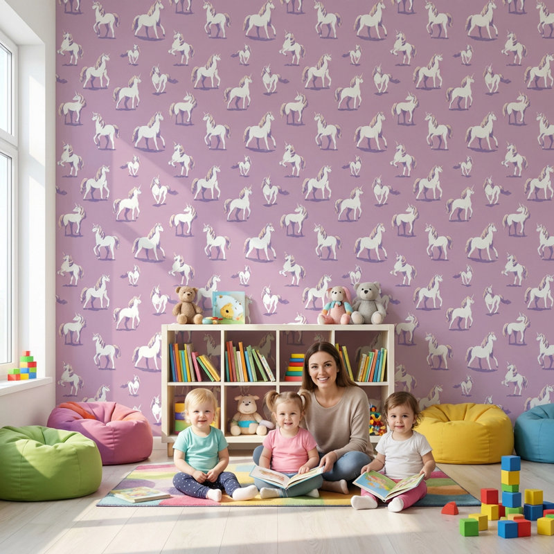 Murale mauve amovible à motif de licorne, Non tissé, non collé
