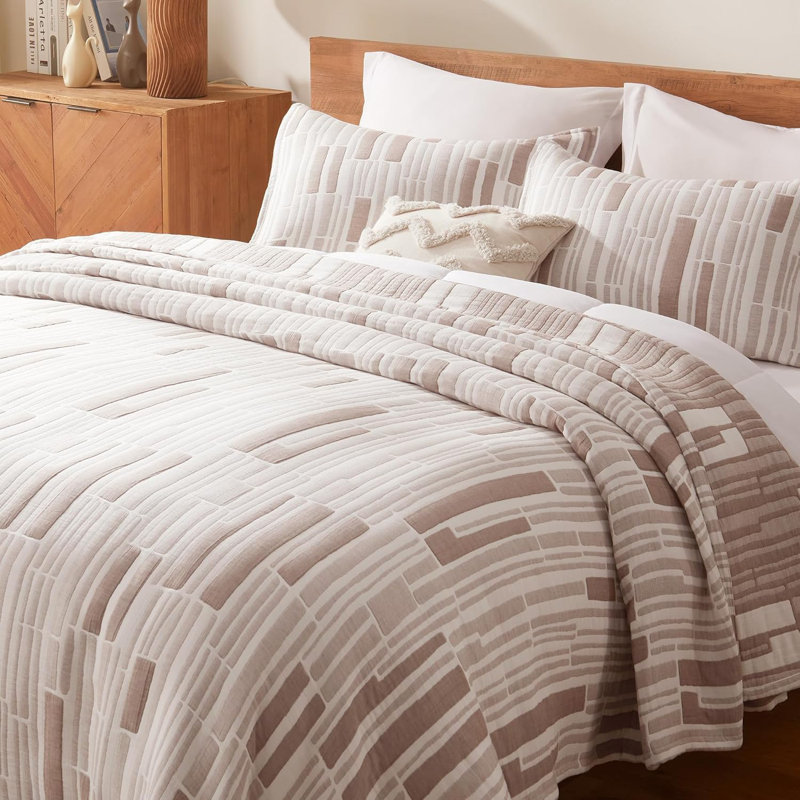 Ensemble de courtepointe en jacquard Tencel Lyocell, Café brun rayé, Courtepointe très grand + 2 taies décoratives