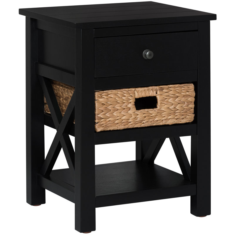 Hoekstra Solid Wood X-Side End Table Side Table with Drawer, 2 Storage Shelves and Wicker Basket, Black, Black