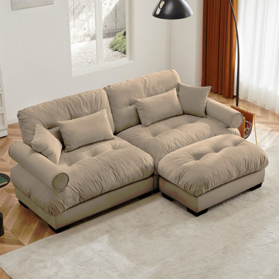 Canapé deux places surdimensionné moderne avec repose-pieds, fauteuil 2 places en velours avec accoudoirs à traversin rond, avec coussin de taille et coussins décoratifs, petit canapé en forme de L pour le salon, la salle de lecture, le loft et la chambre à coucher, chameau