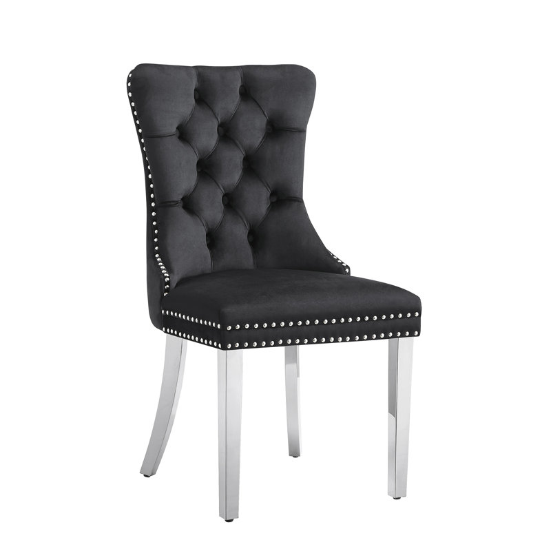 70" Glass Dining Table Set Of 7, Double U-Shaped Polished Stainless Steel Base, 10Mm Thick Tempered Glass Top And Velvet Upholstered Nailhead Chairs