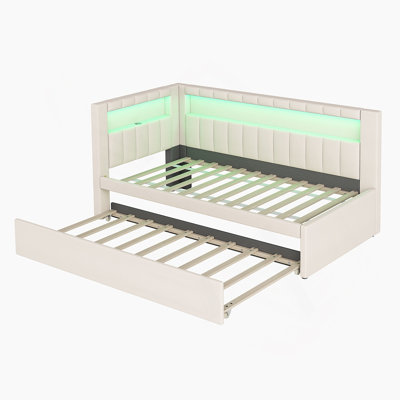 Upholstered Twin Size Platform Bed With USB Ports And LED Belt, With Trundle, White