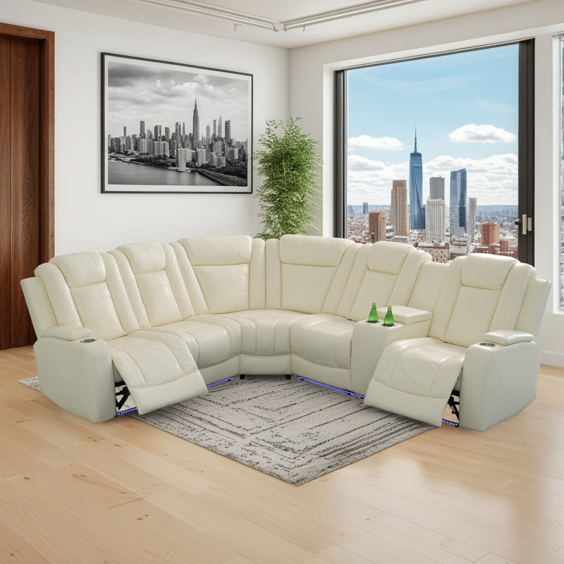Ensemble de canapé inclinable électrique blanc cassé, canapé modulaire en cuir respirant 3 pièces avec double charge USB, console de rangement et porte-gobelets