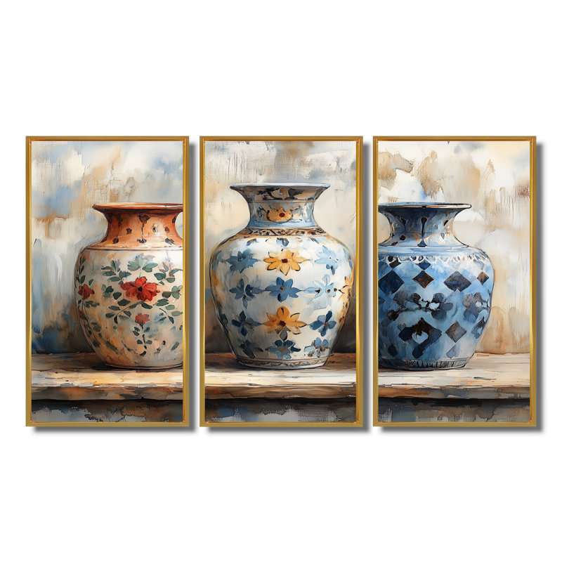 Ensemble de vases roses en céramique à motif floral IV - poterie marocaine, Toile avec cadre flottant or