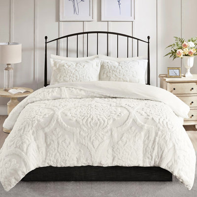 Housse de couette en chenille de coton 3 pièces très grand / très grand, style, 2 taies décoratives assorties, fermeture à boutons, attaches de coin intérieures, tissu lavable, blanc, lavable à la machine, design raffiné