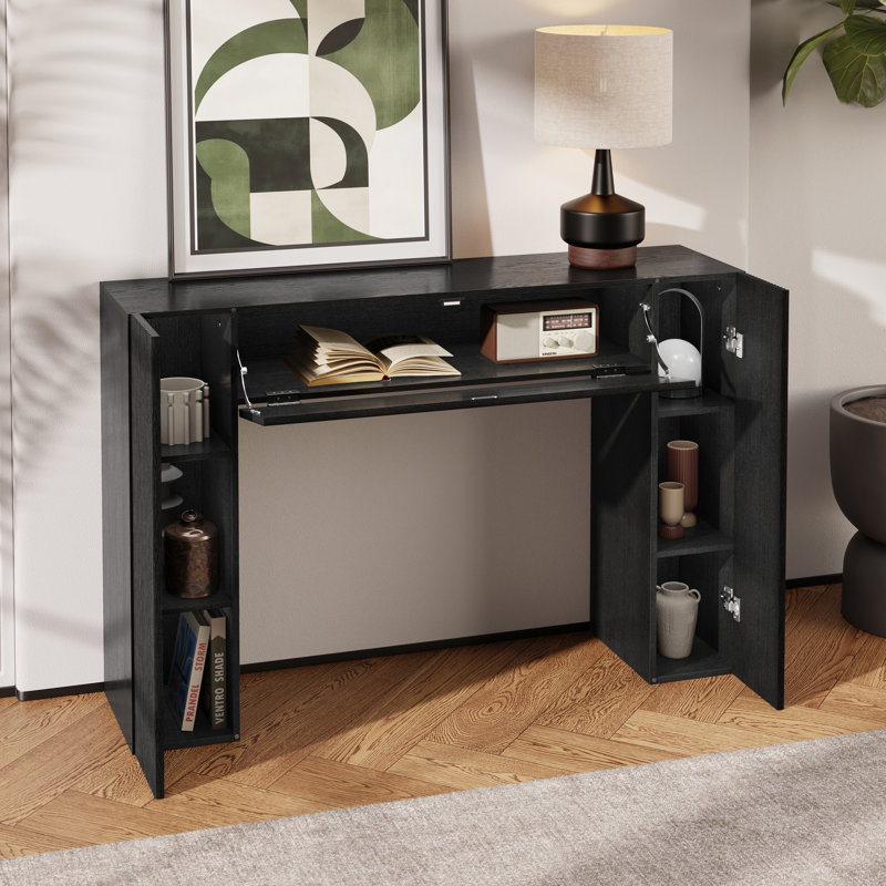 43.3" Fluted Narrow Console Table With Hidden Storage And Adjustable Shelves For Entryway, Black, Black