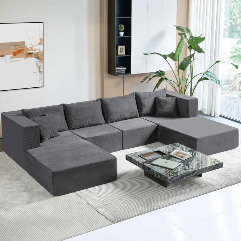 Canapé-lit modulaire de 140 po, canapé convertible en U en forme de U, tissu en velours côtelé, mousse à haute densité, sans assemblage requis, gris