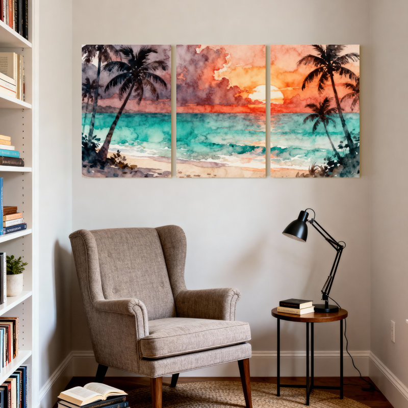 Palmiers, coucher de soleil tropical, plage, palmiers, ensemble de 3 impressions sur toile, H 30 po x l 60 po